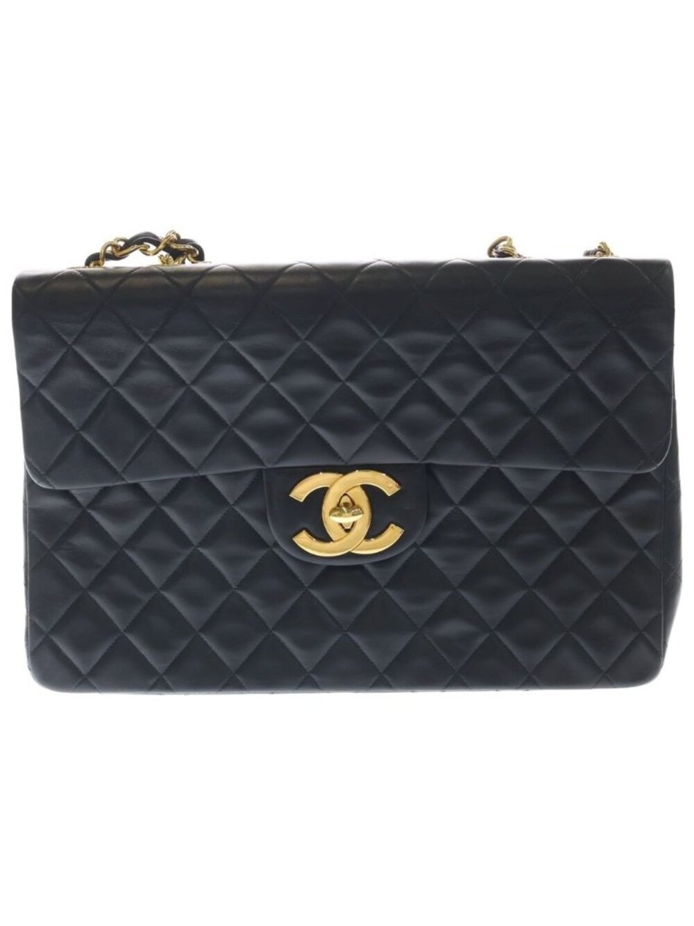 Chanel Maxi Quilted 34 CC Logo Chain Shoulder Bag Back Gold Lambskin Black